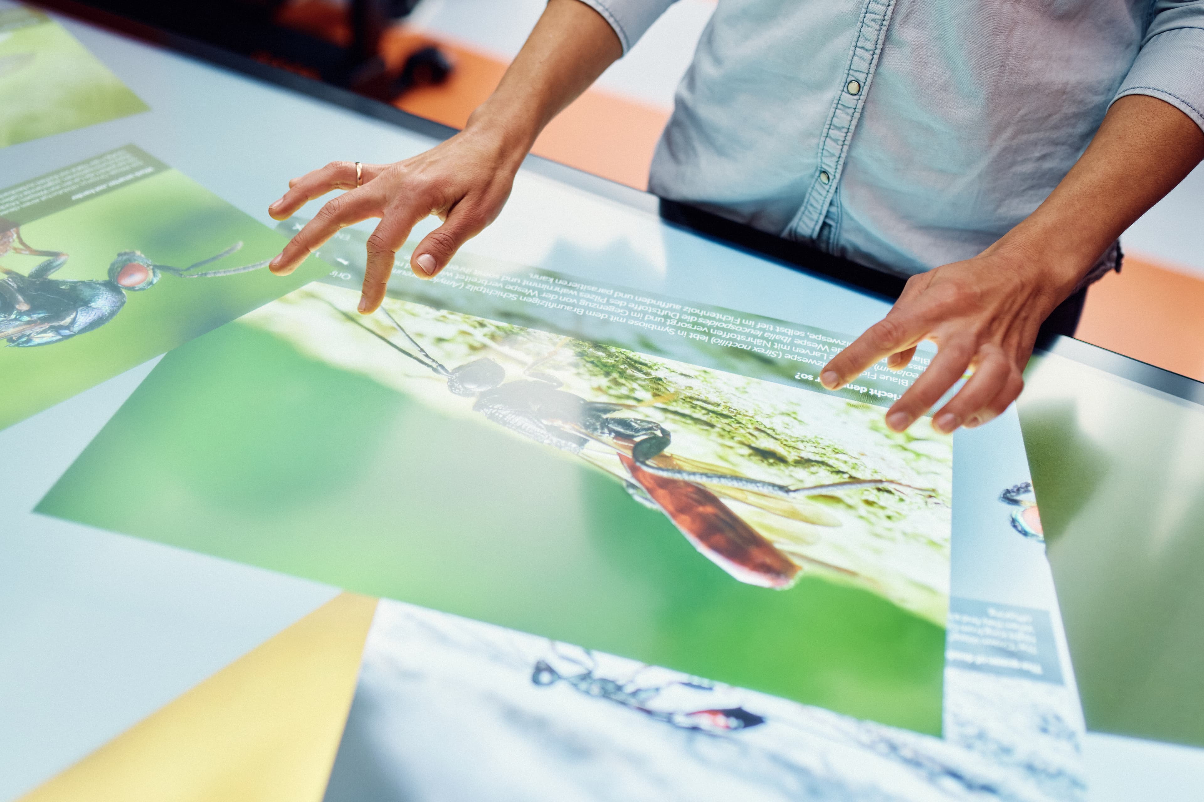 Zwei Hände bedienen den Multi-Touch-Tisch