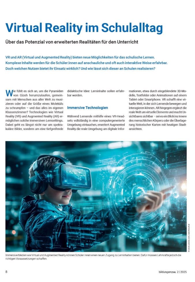 Magazinseite aus dem bildungSPEZIAL 2/25 mit dem Titel „Virtual Reality im Schulalltag“