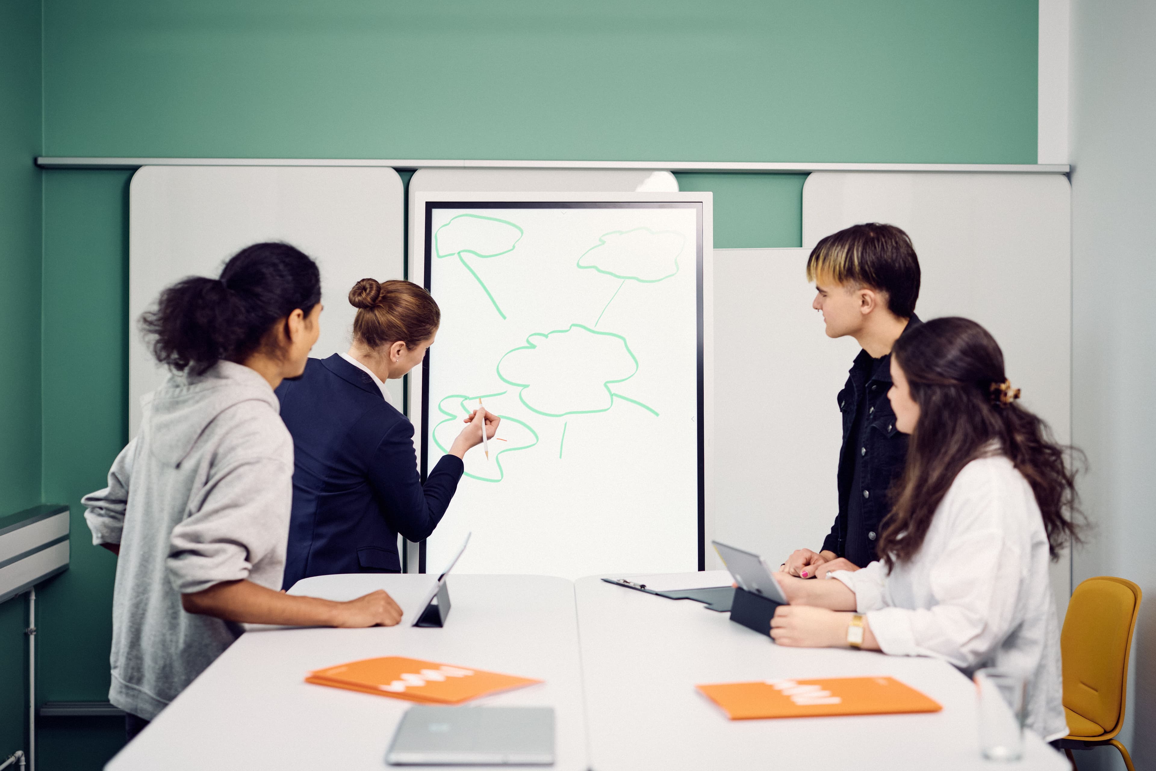 Vier IWM-Mitarbeitende brainstormen gemeinsam und eine Person zeichnet eine Mindmap auf ein Whiteboard