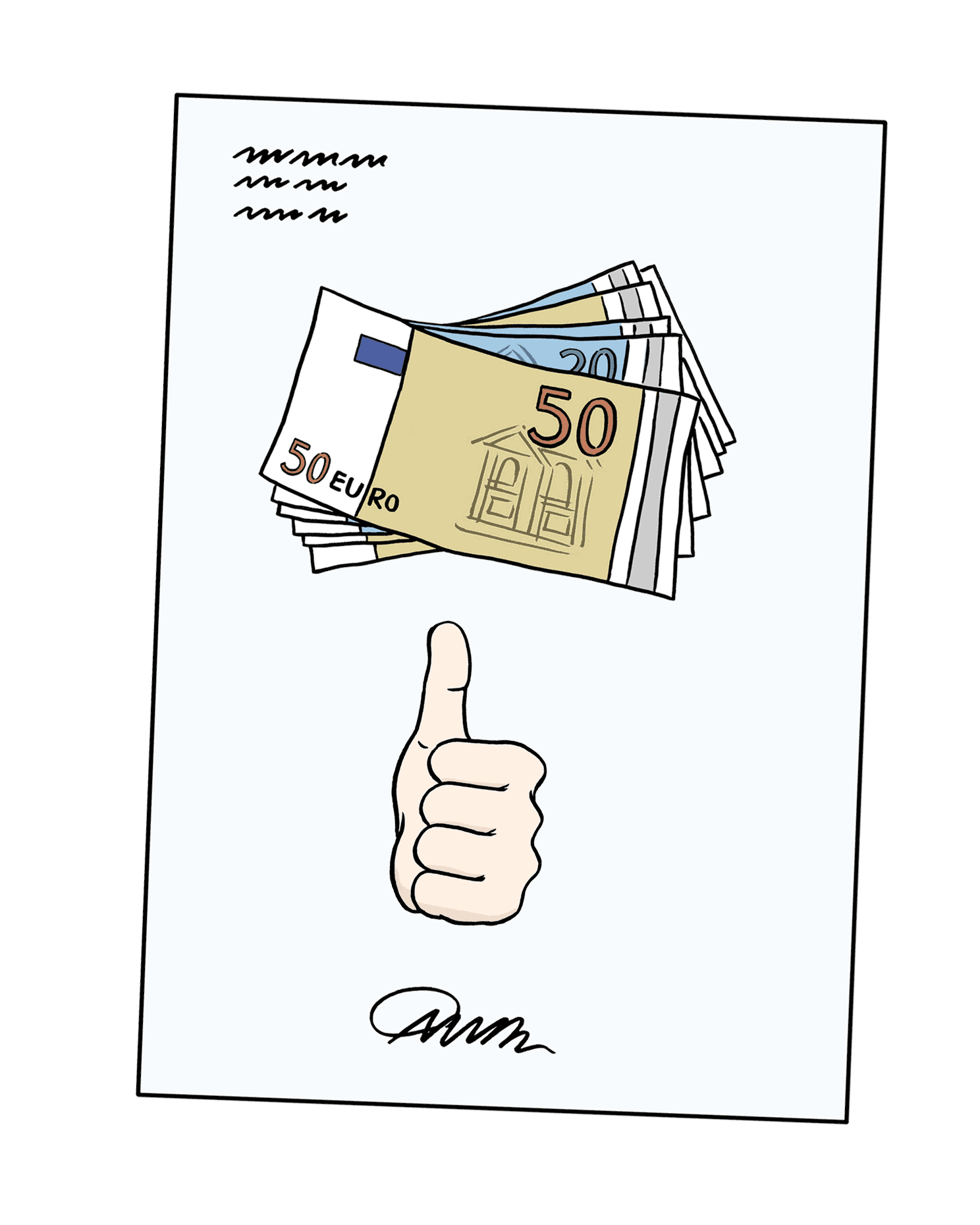 Eine Abbildung mit Geldscheinen und einem Daumen nach oben
